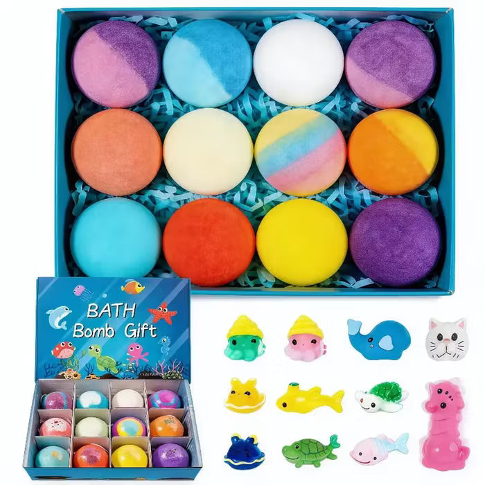 Set 12 Bile Efervescente pentru Baie Copii, Bombe de Baie Colorate, Arome Diferite, Cadou Distractiv pentru Fete și Băieți
