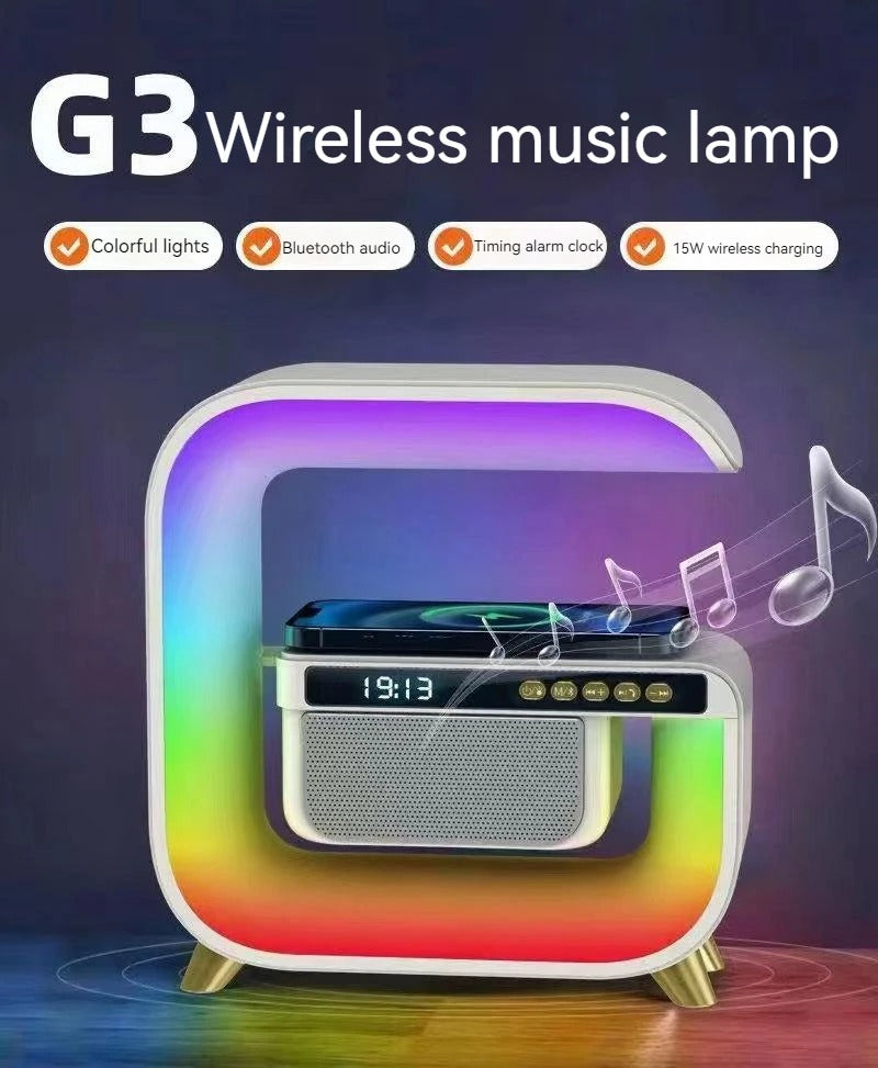 Lampa RGB in forma G, cu boxa si incarcator wierless pentru telefon