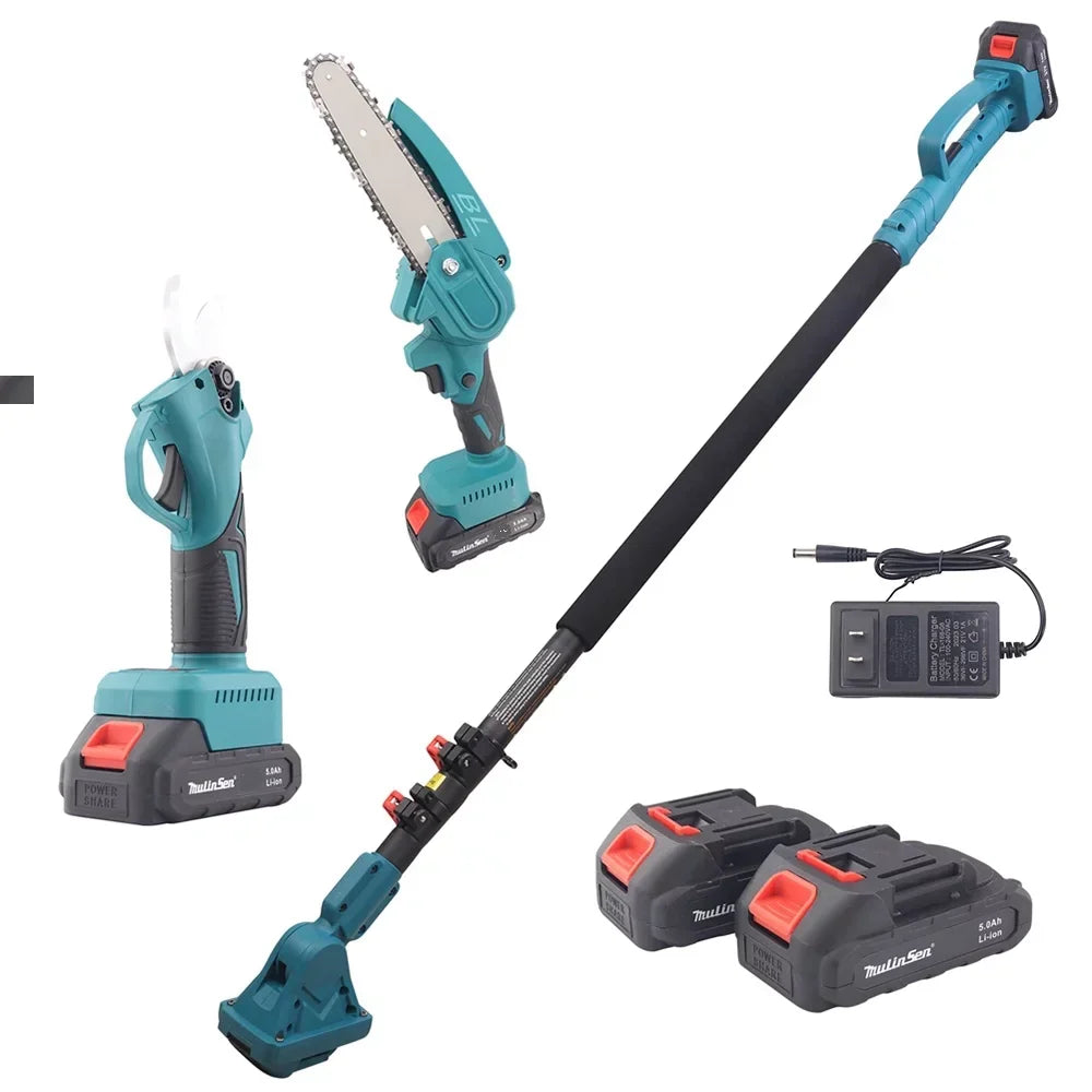 Foarfecă și Mini Drujbă pentru Grădină 48V – Set cu Braț Telescopic 2,13 m și 2 Acumulatori