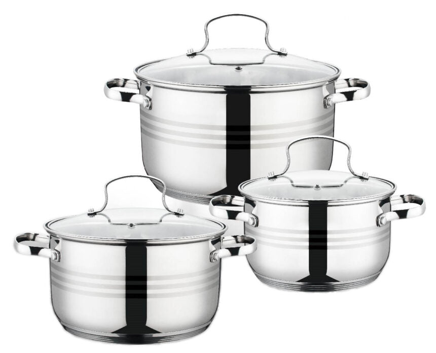 Set 12 piese Grunberg, 6 vase din inox cu capace din sticla, compatibile cu plita cu inductie, GR1065.