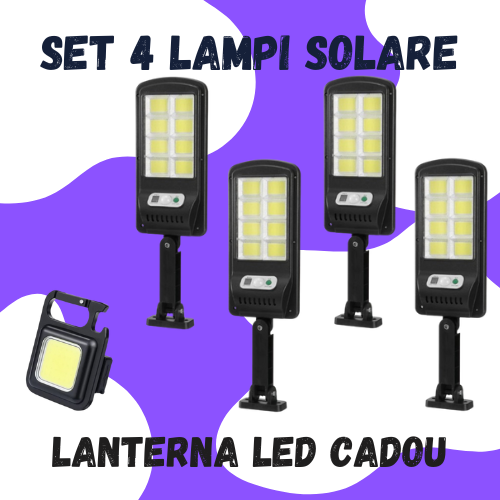 SET 4X Lampa solara 150W COB cu telecomanda + Lanterna CADOU