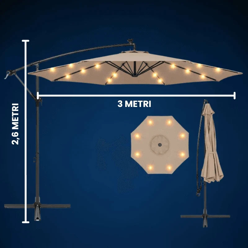 Umbrela de terasa, 3 metri acoperire, 24 LED-uri, Incarcare solara, Deschidere cu Manivelă