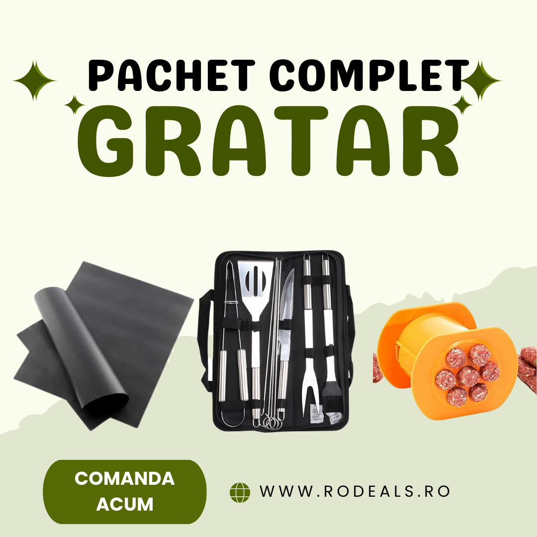 Set complet de gratar, Contine 9 ustensile de gratar, 4 folii anti-lipire, Presa de facut mici si carnati