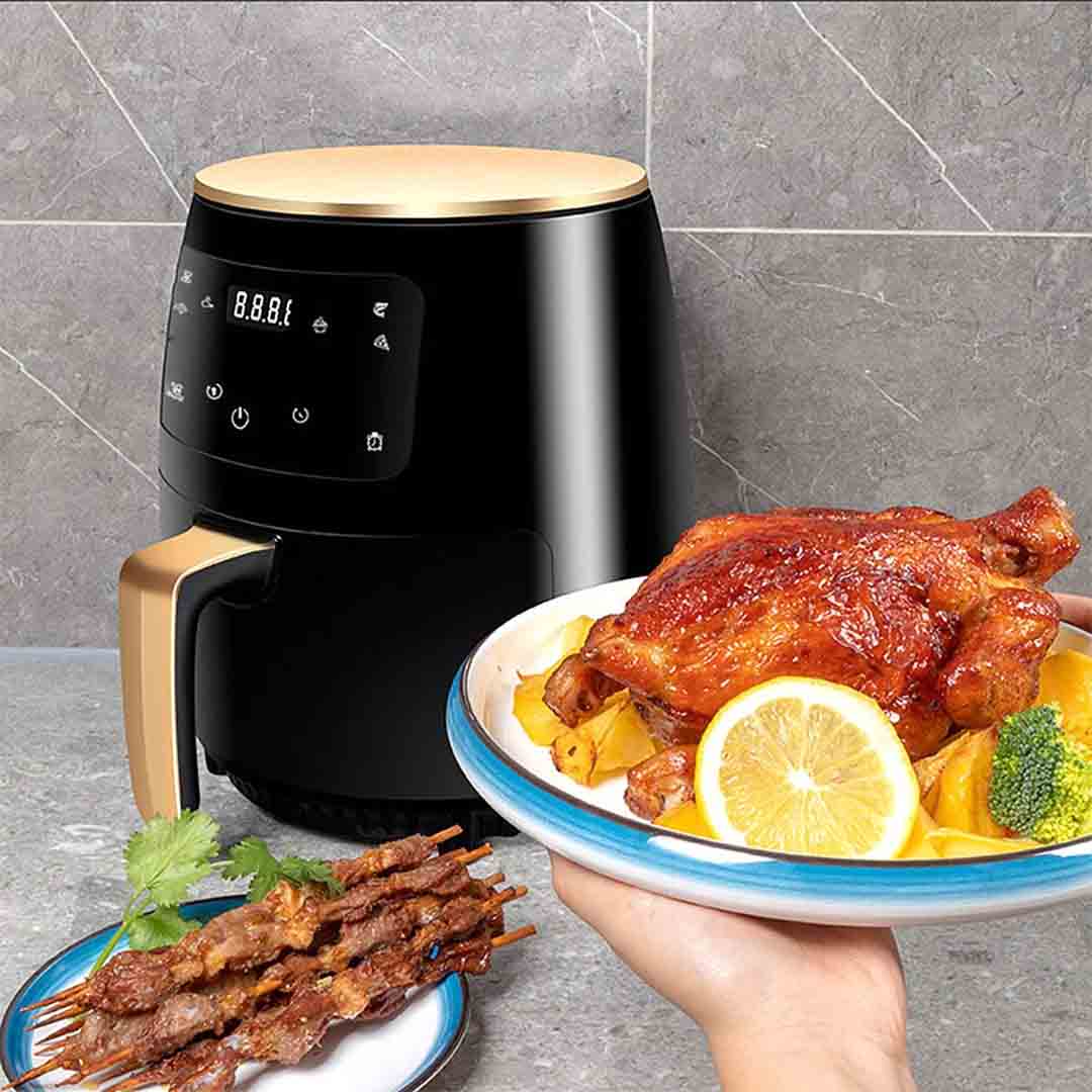 Friteuza cu Aer Cald, Fara Ulei, 6L, 2400W, Functie de Coacere, Carte cu retete inclusa, 100 Bucati hartie de copt Cadou