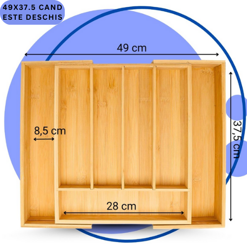 Organizator extensibil din bambus pentru tacamuri, 5+2 compartimente