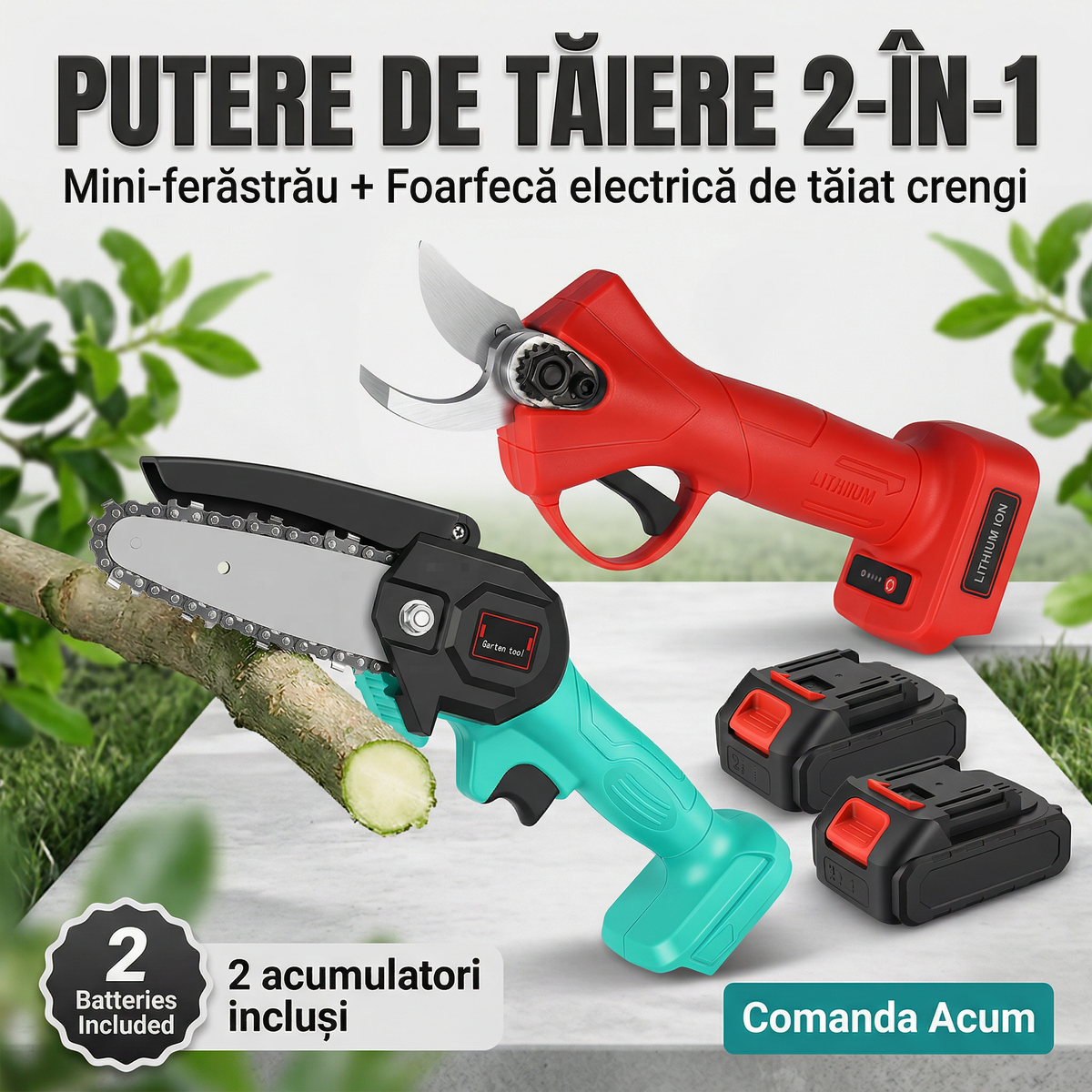 Set Profesional de Grădinărit 2-în-1: Mini-Ferăstrău & Foarfecă Electrică – Eficiență Maximă cu 2 Acumulatori