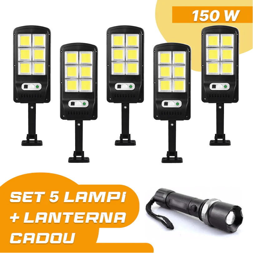 SET 5 X LAMPA SOLARA 150W COB CU TELECOMANDA + LANTERNA CADOU