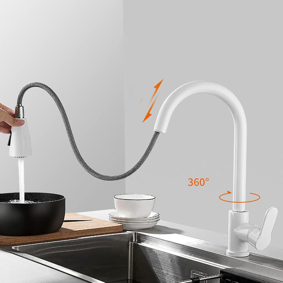 Baterie Bucătărie Telescopică Albă – Rotativă 360°, Duș Extractibil, Design Modern, vst53