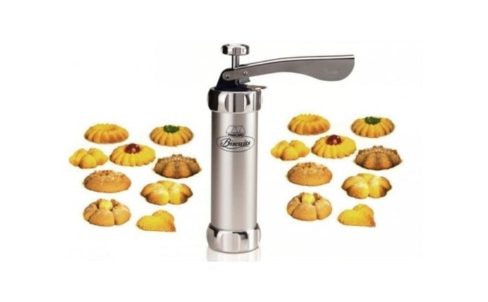 Aparat de inox pentru biscuiti si fursecuri, 10 forme si 4 accesorii de ornare