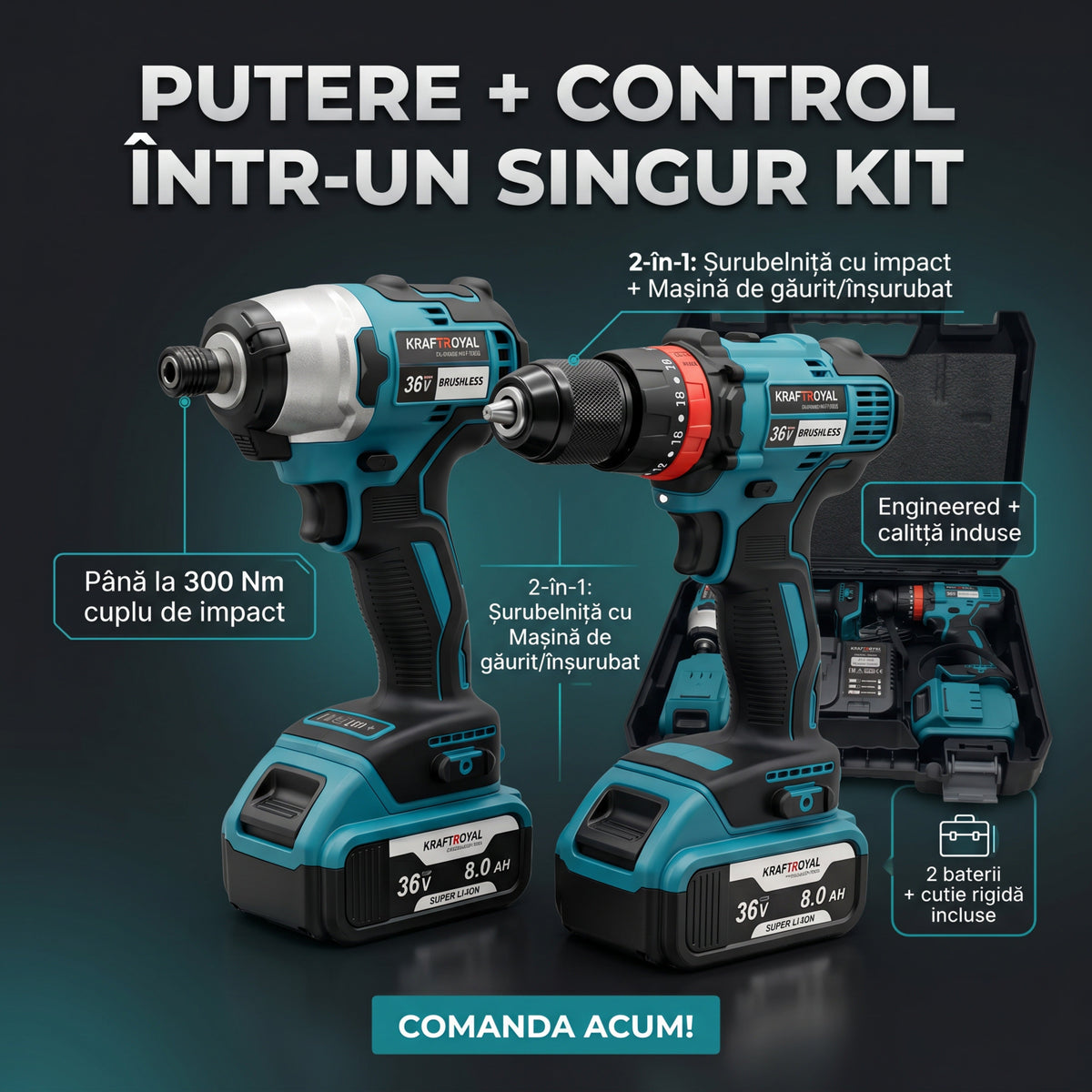 Kit 2-în-1: Mașină de Înșurubat cu Impact + Bormașină de Găurit, 2 Acumulatori 48V 8Ah și Valiză Transport
