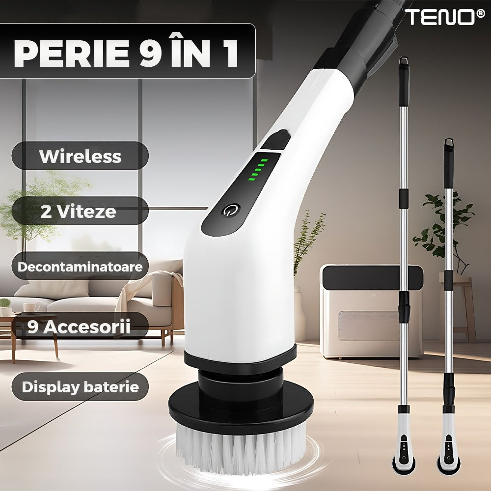 Perie Electrică Rotativă de Curățare, 9 Capete Interșanjabile, 2 Viteze, Wireless, IPX7, Mâner Extensibil, Pentru Baie, Bucătărie și Podele
