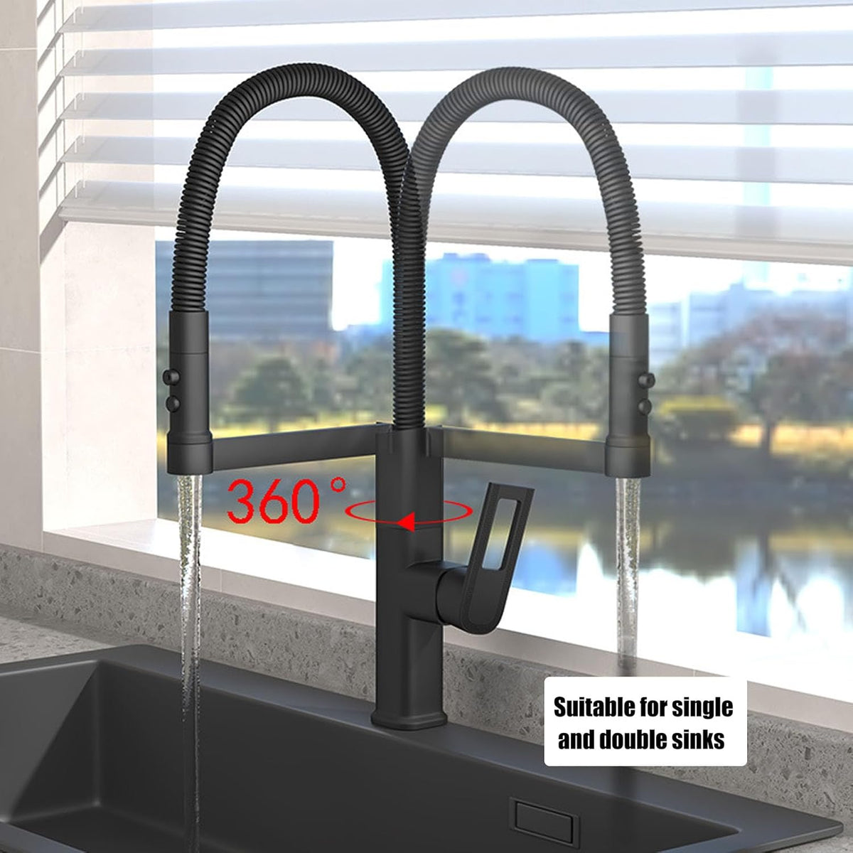 Baterie Bucătărie Negru Mat, 49 cm, Cu Duș Extractibil și Rotire 360°, VST57