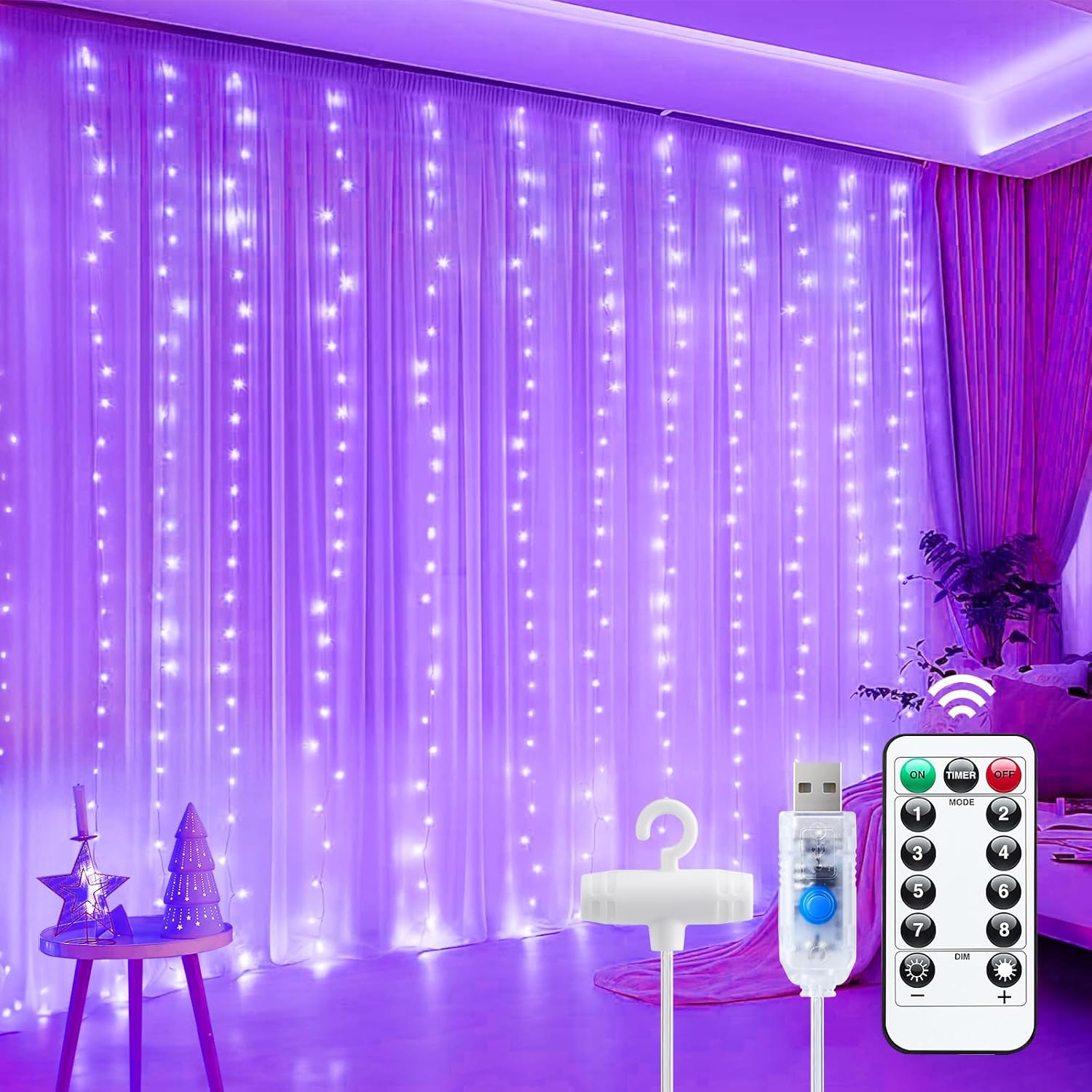 Intalatie tip perdea din cupru, 300x300 cm, cu 300 de LED-uri, Telecomanda, agatatoare incluse