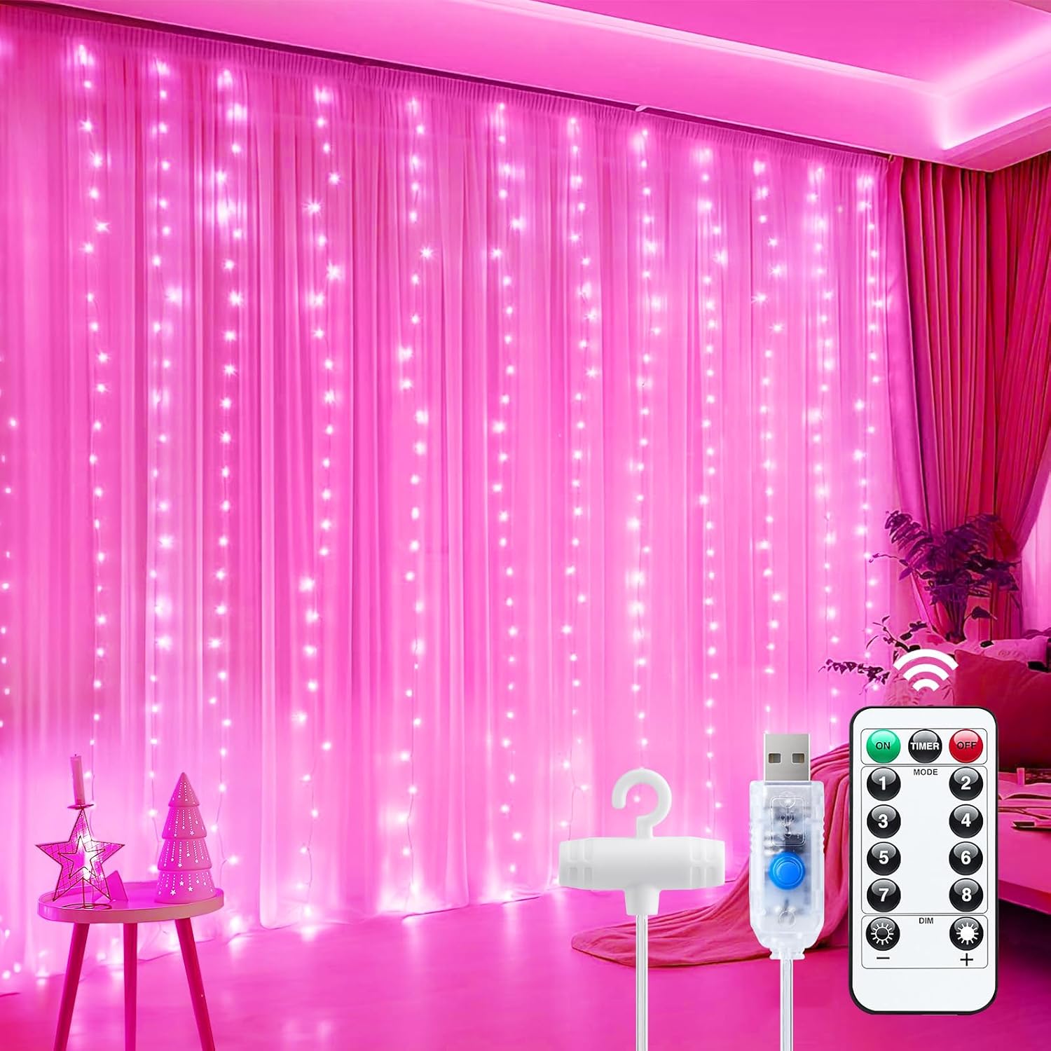 Intalatie tip perdea din cupru, 300x300 cm, cu 300 de LED-uri, Telecomanda, agatatoare incluse