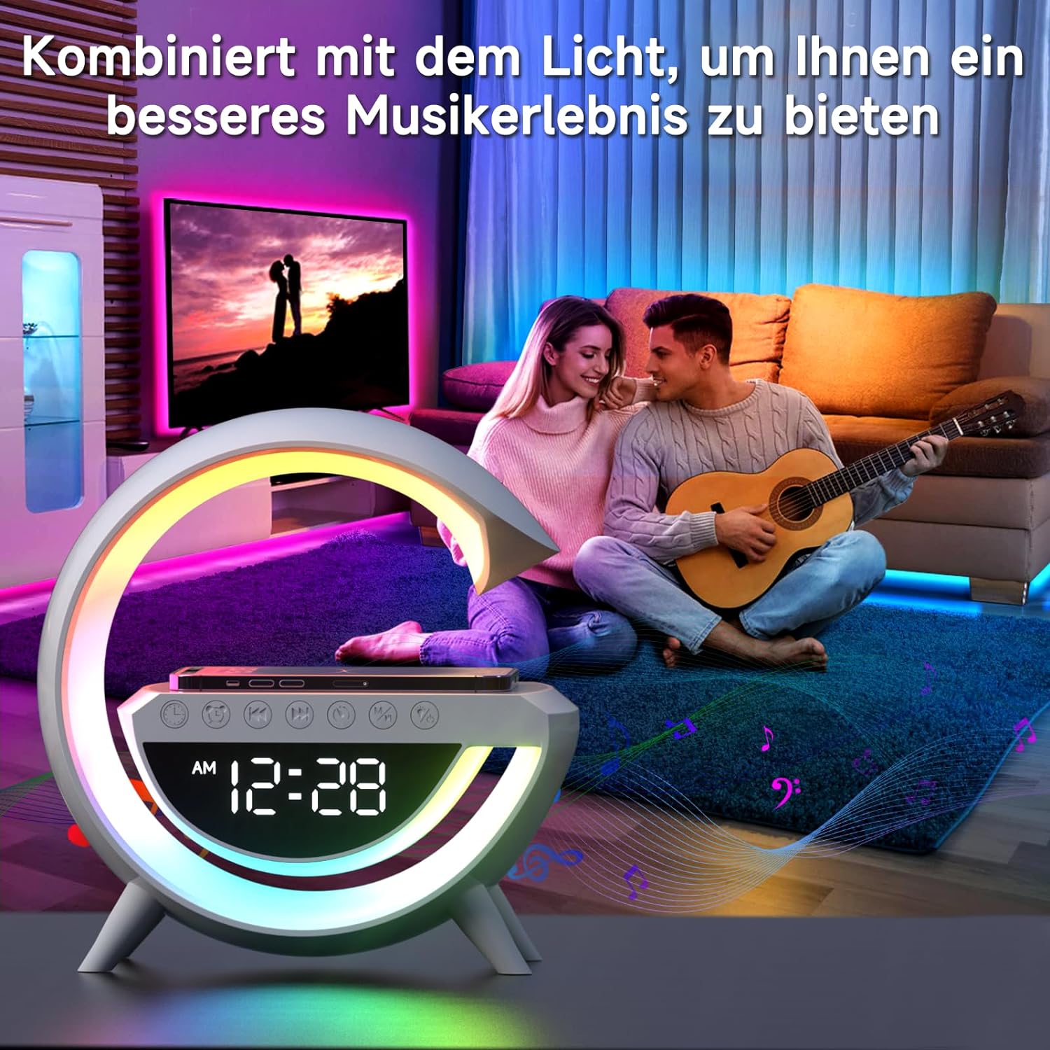 Lampa RGB in forma G, cu boxa si incarcator wierless pentru telefon