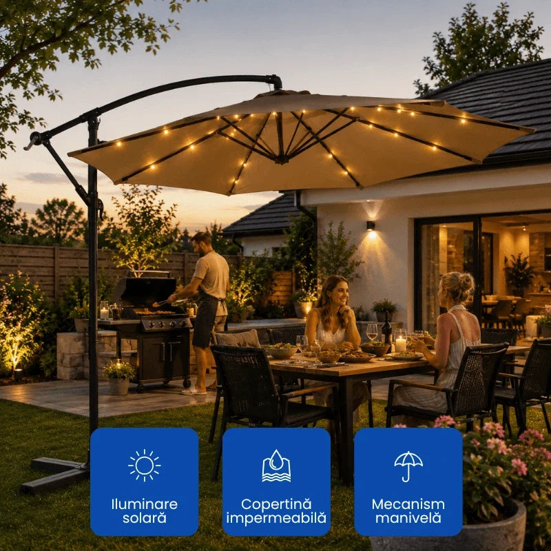 Umbrela de terasa, 3 metri acoperire, 24 LED-uri, Incarcare solara, Deschidere cu Manivelă