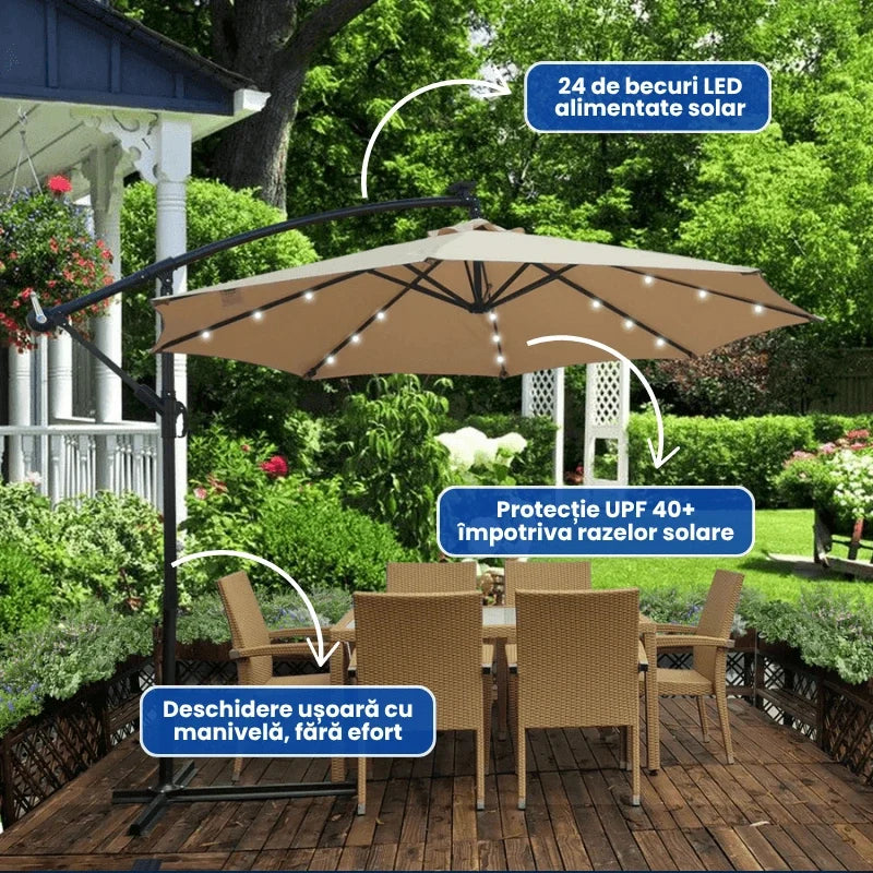 Umbrela de terasa, 3 metri acoperire, 24 LED-uri, Incarcare solara, Deschidere cu Manivelă
