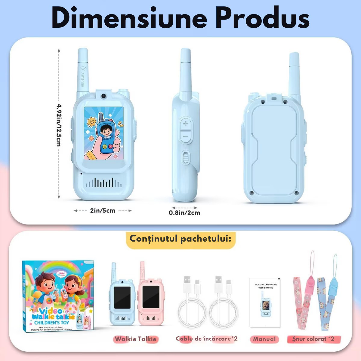 Set 2 Walkie Talkie VisionHub cu Video 480P HD, Ecran 2.0 Inch, Raza 300m, Roz/Albastru