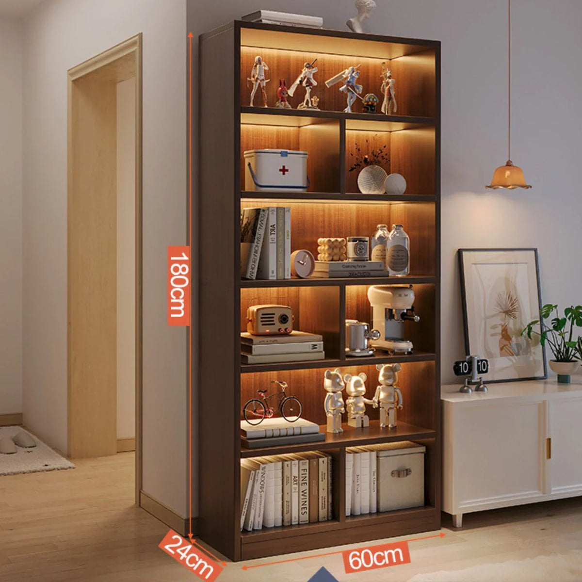 Raft Bibliotecă Înalt 180 cm, 6 Compartimente, Contrast Alb/Stejar Negru, Stil Scandinav, Ideal pentru Living sau Birou