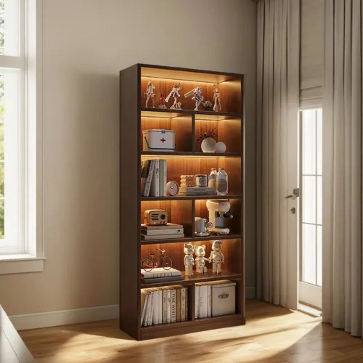 Raft Bibliotecă Înalt 180 cm, 6 Compartimente, Contrast Alb/Stejar Negru, Stil Scandinav, Ideal pentru Living sau Birou