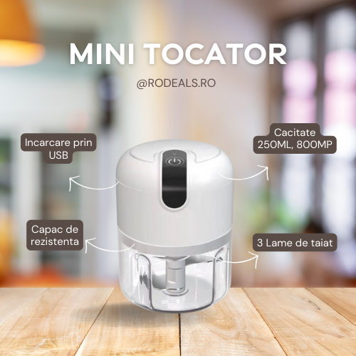 Mini tocator electric, 250ML, din otel inoxidabil cu 3 lame de tocat, incarcare USB