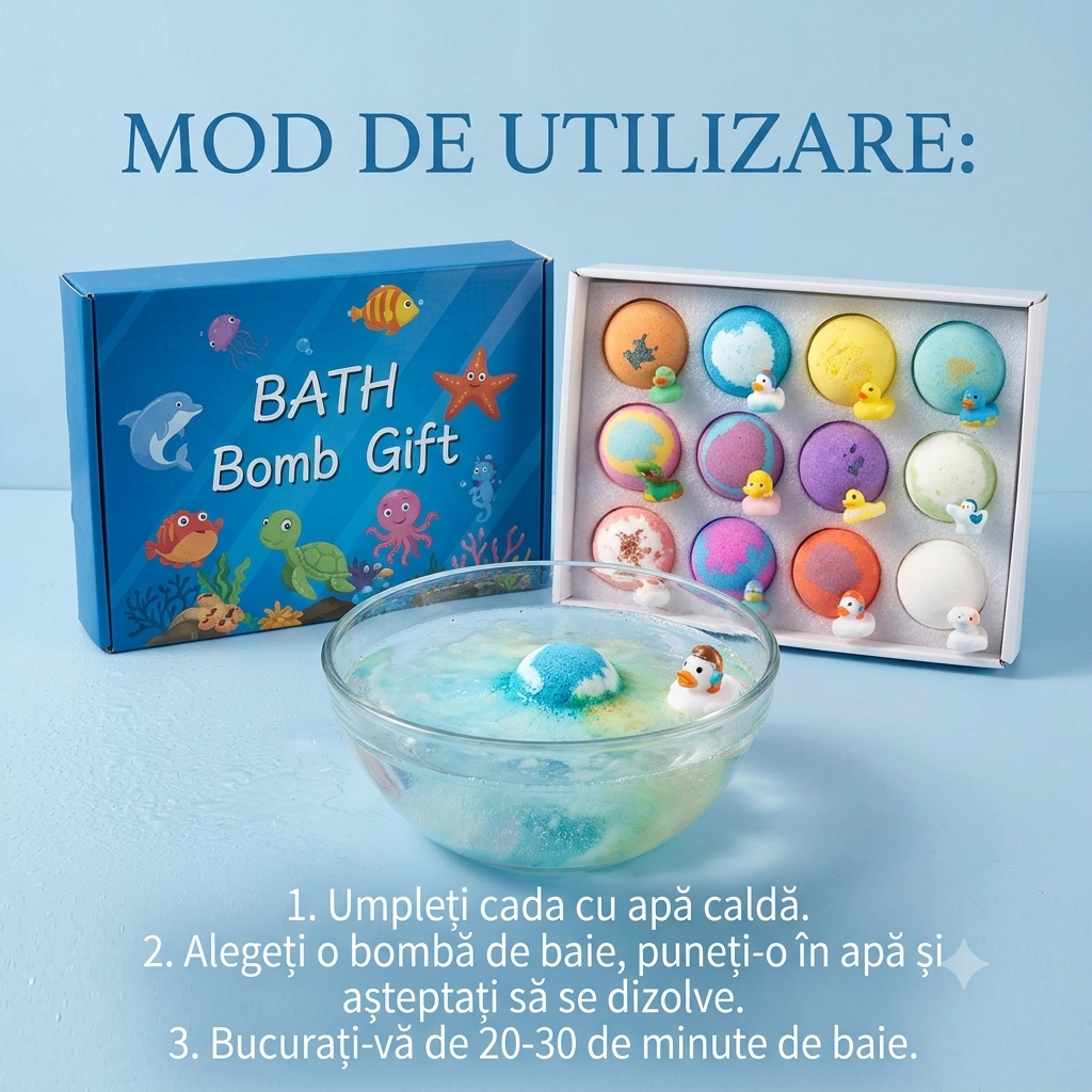 Set 12 Bile Efervescente pentru Baie Copii, Bombe de Baie Colorate, Arome Diferite, Cadou Distractiv pentru Fete și Băieți