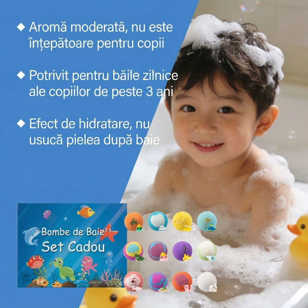 Set 12 Bile Efervescente pentru Baie Copii, Bombe de Baie Colorate, Arome Diferite, Cadou Distractiv pentru Fete și Băieți