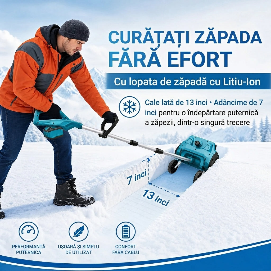 Freză de Zăpadă Electrică cu 2 Acumulatori 12,8V, Capacitate 8Ah, Lățime de Lucru 26 cm