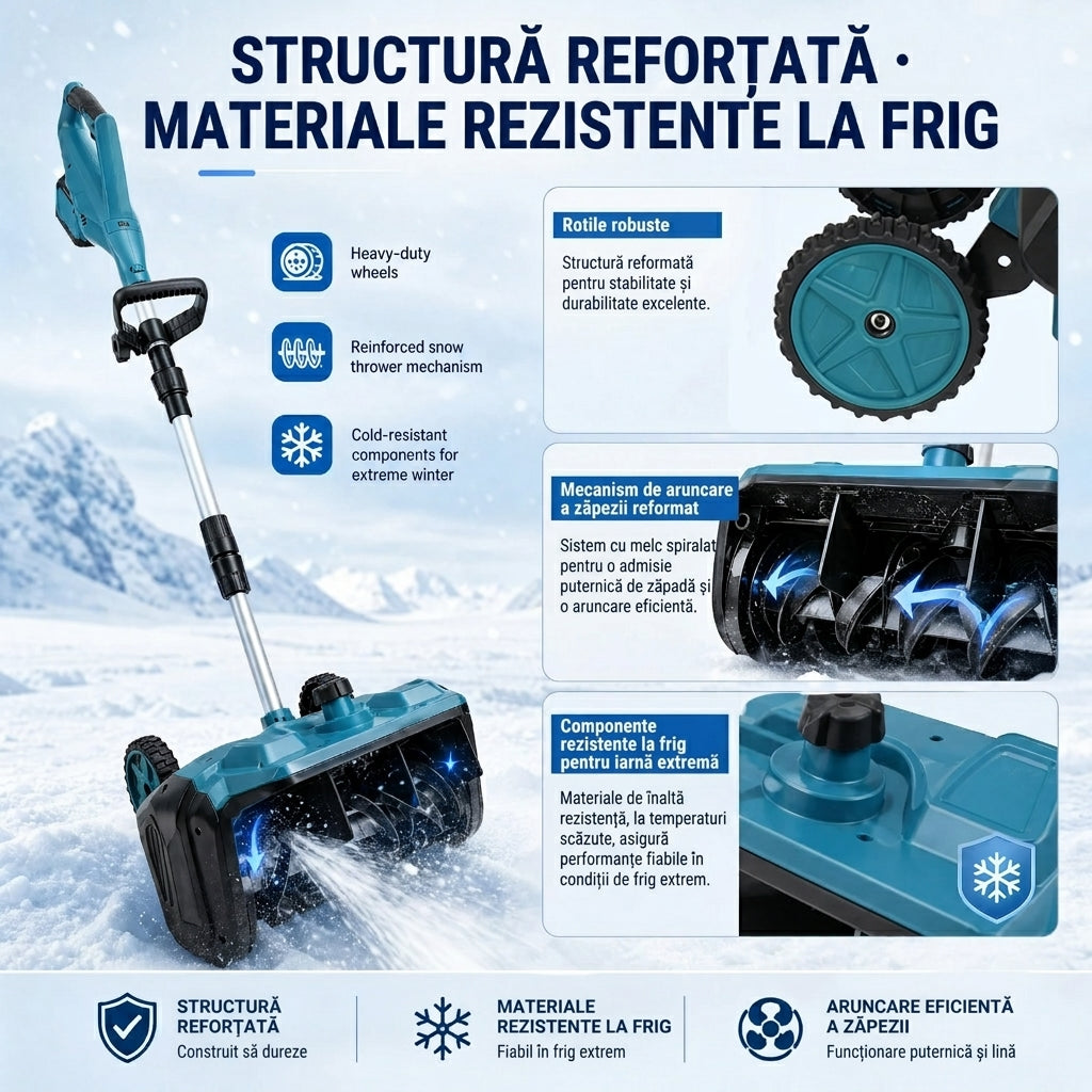Freză de Zăpadă Electrică cu 2 Acumulatori 12,8V, Capacitate 8Ah, Lățime de Lucru 26 cm