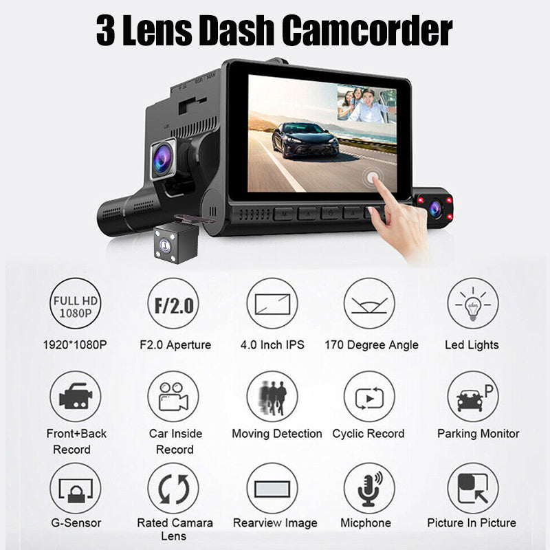 Full HD 1080p 3-Camera Car DVR with Touchscreen