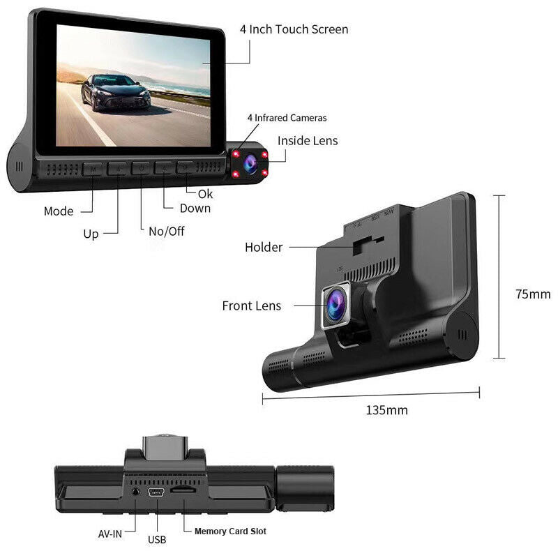 Full HD 1080p 3-Camera Car DVR with Touchscreen