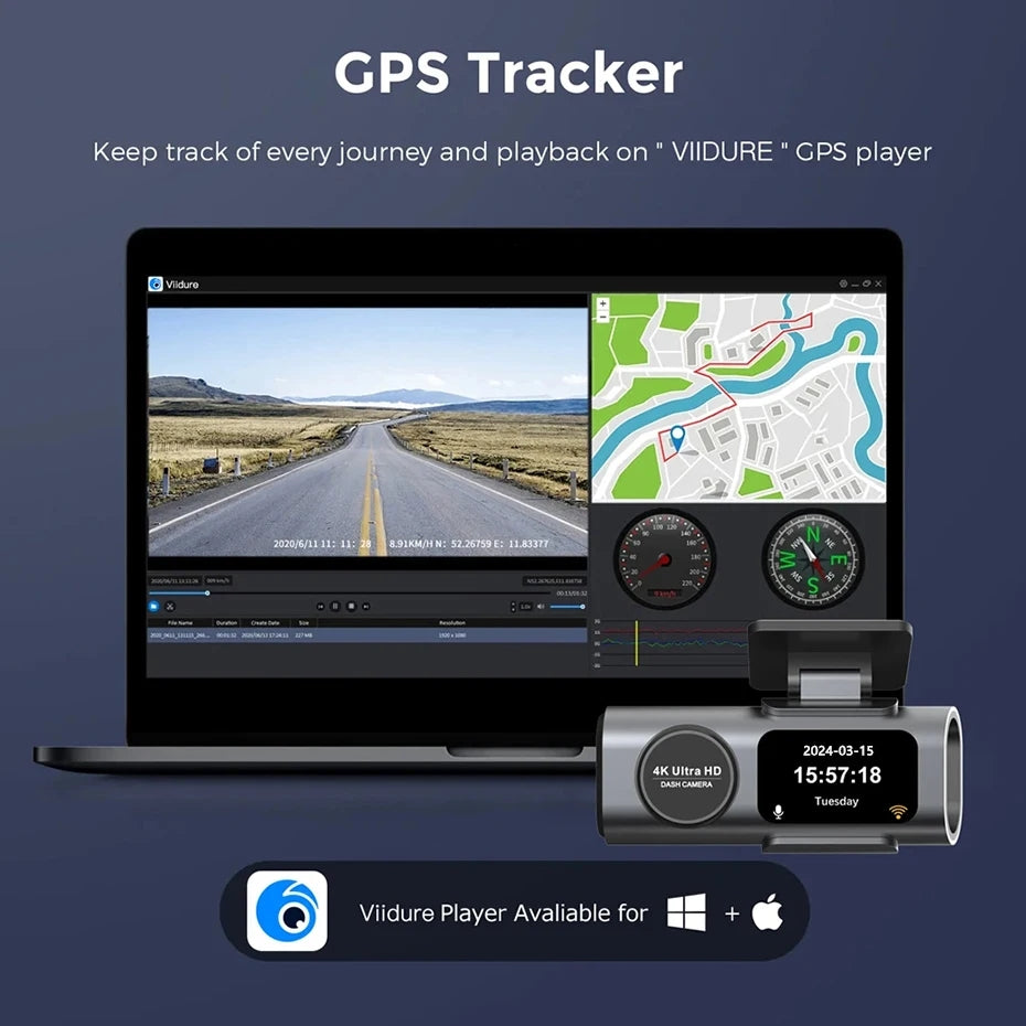 Cameră Auto Duală 4K + 1080P cu WiFi, GPS, Viziune Nocturnă și Monitorizare Parcare