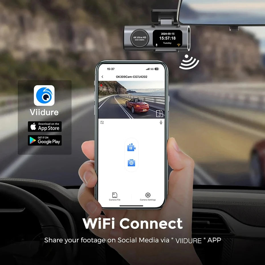 Cameră Auto Duală 4K + 1080P cu WiFi, GPS, Viziune Nocturnă și Monitorizare Parcare