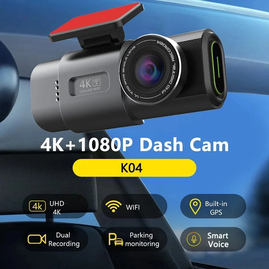 Cameră Auto Duală 4K + 1080P cu WiFi, GPS, Viziune Nocturnă și Monitorizare Parcare