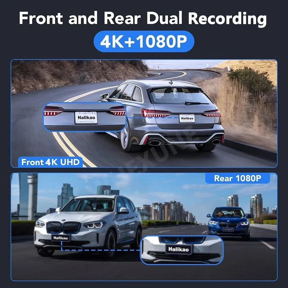Cameră Auto Duală 4K + 1080P cu WiFi, GPS, Viziune Nocturnă și Monitorizare Parcare