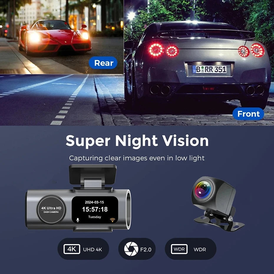 Cameră Auto Duală 4K + 1080P cu WiFi, GPS, Viziune Nocturnă și Monitorizare Parcare