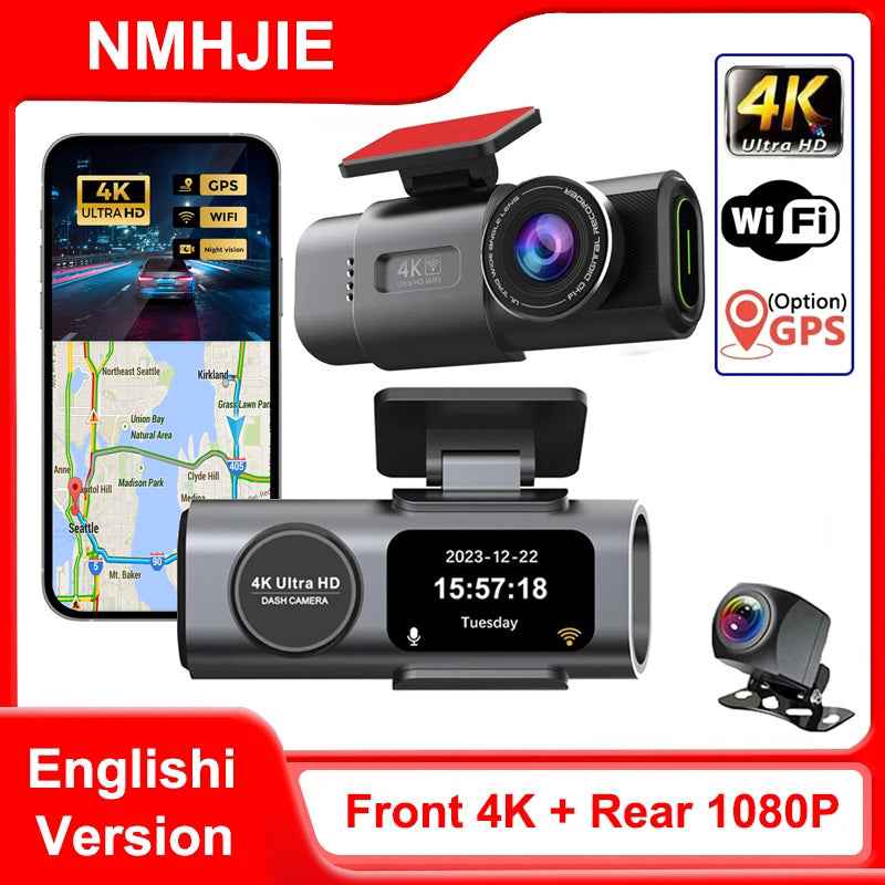 Cameră Auto Duală 4K + 1080P cu WiFi, GPS, Viziune Nocturnă și Monitorizare Parcare