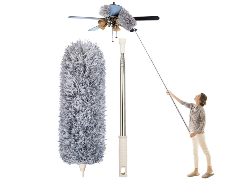 Mătură Telescopică pentru Praf din Microfibră, Mâner Extensibil din Oțel Inoxidabil 76-254 cm, Lavabilă, Gri
