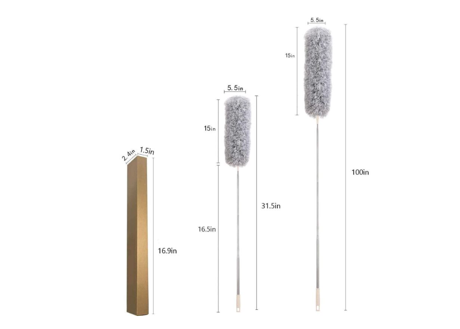 Mătură Telescopică pentru Praf din Microfibră, Mâner Extensibil din Oțel Inoxidabil 76-254 cm, Lavabilă, Gri
