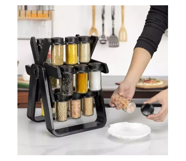 Organizator Condimente Rotativ 360°, cu 16 Borcane pentru Mirodenii, Suport de Bucătărie, Negru