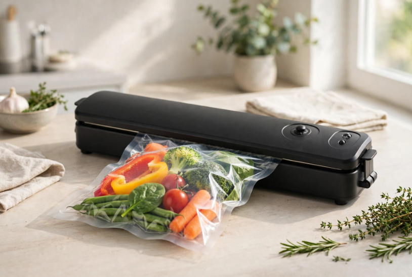Aparat de Vidat Alimente 90W, Vacuum Sealer Automat, Sigilare Uscată și Umedă, Negru, 10 Pungi Incluse