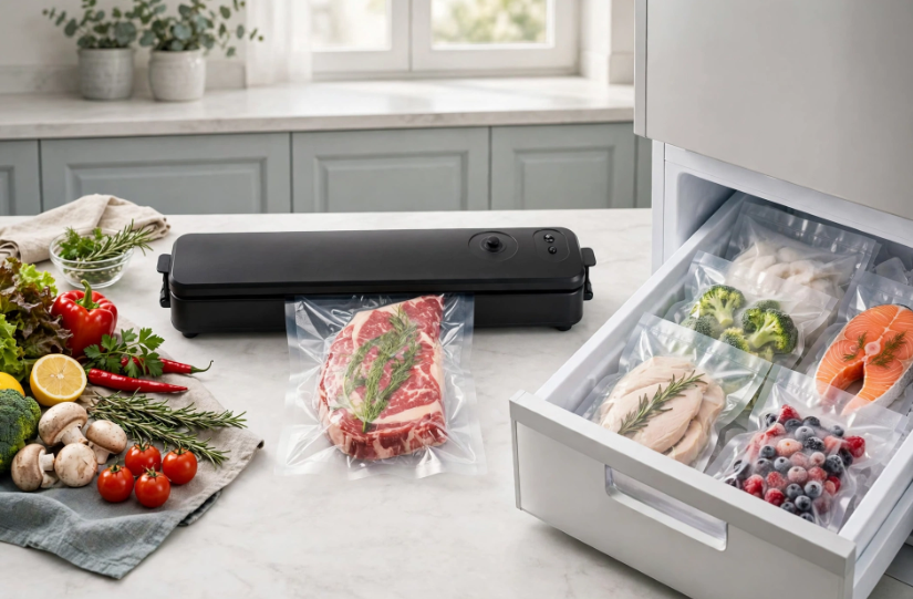 Aparat de Vidat Alimente 90W, Vacuum Sealer Automat, Sigilare Uscată și Umedă, Negru, 10 Pungi Incluse