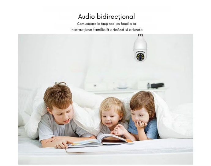 Cameră de Supraveghere WiFi Tip Bec Full HD 1080P, Rotire 360°, Audio Bidirecțional, Viziune Nocturnă, Senzor de Mișcare