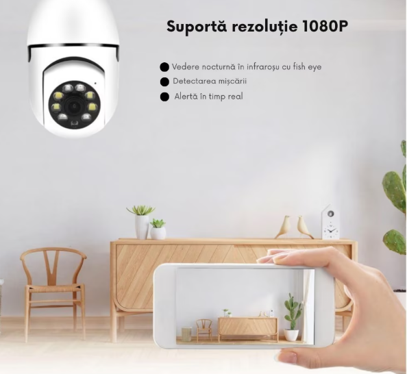 Cameră de Supraveghere WiFi Tip Bec Full HD 1080P, Rotire 360°, Audio Bidirecțional, Viziune Nocturnă, Senzor de Mișcare