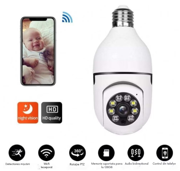 Cameră de Supraveghere WiFi Tip Bec Full HD 1080P, Rotire 360°, Audio Bidirecțional, Viziune Nocturnă, Senzor de Mișcare