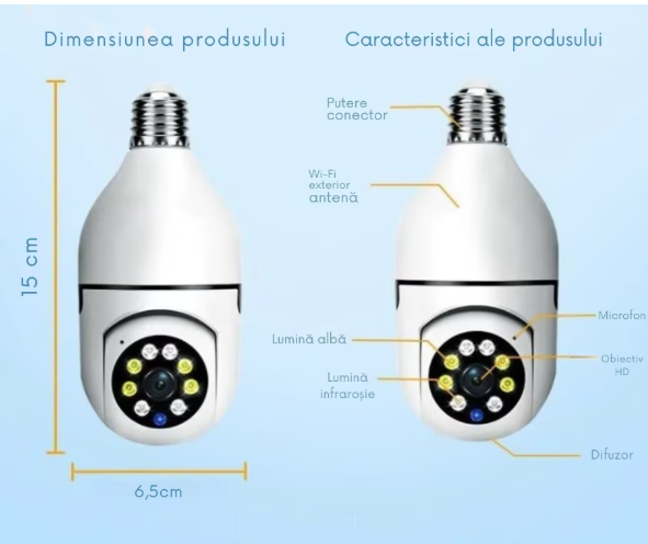 Set 2 Camere de Supraveghere WiFi Tip Bec Full HD 1080P, Rotire 360°, Audio Bidirecțional, Viziune Nocturnă