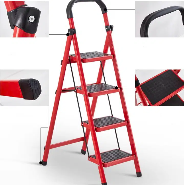 Scară Metalică Pliabilă cu 4 Trepte Antiderapante, Mâner Ergonomic, Roșu-Negru
