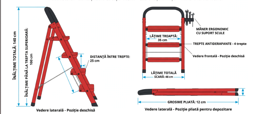 Scară Metalică Pliabilă cu 4 Trepte Antiderapante, Mâner Ergonomic, Roșu-Negru