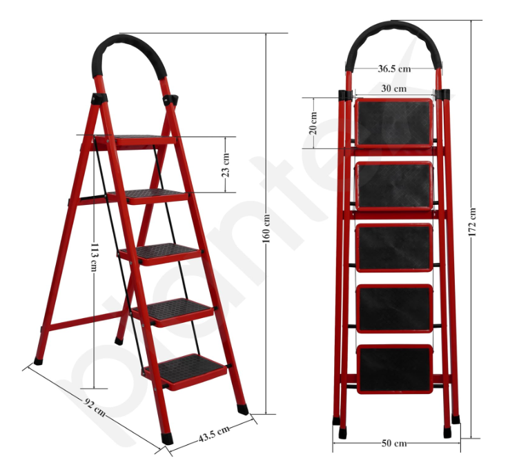 Scară pliabilă metalică cu 5 trepte late antiderapante, capacitate 150 kg, picioare antialunecare, roșu-negru