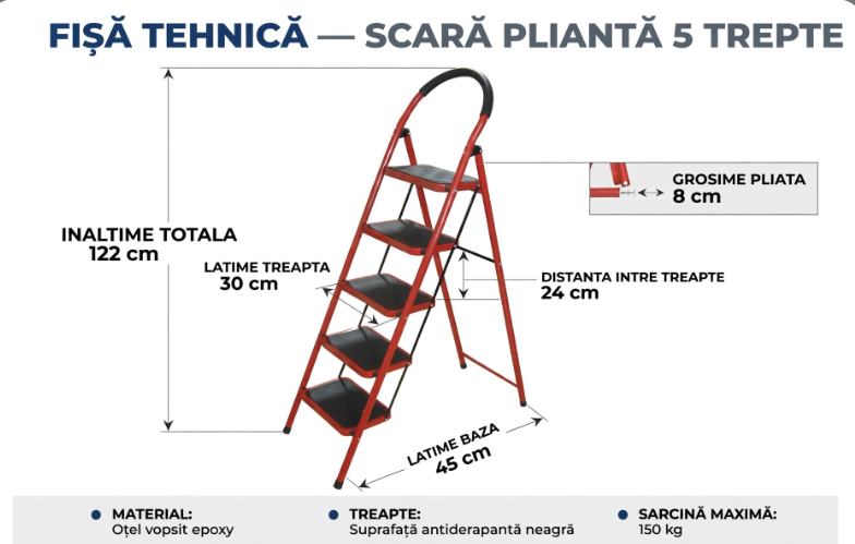 Scară pliabilă metalică cu 5 trepte late antiderapante, capacitate 150 kg, picioare antialunecare, roșu-negru